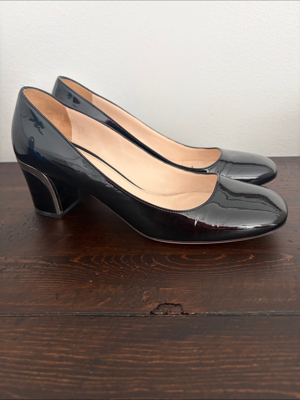Prada Black Patent Leather Mid Block Heel Pumps